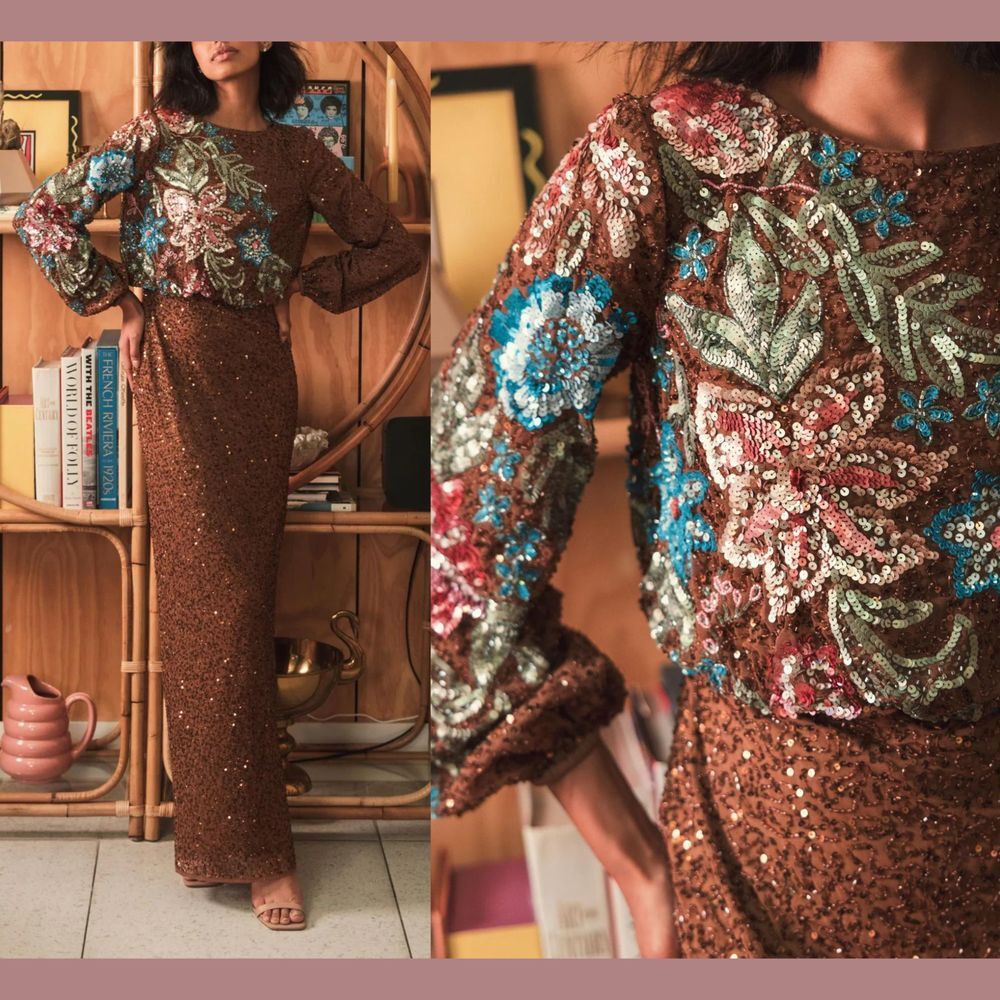 NWT Mac Duggal [ 8 ] 5615 Embellished‎ Multicolor Floral High Neck Gown Mocha